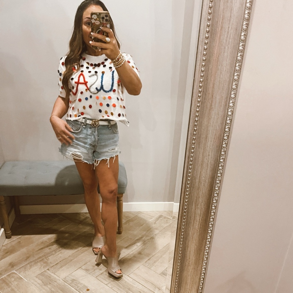 BiBi White Short Sleeve Tee with Multicolor Embroidery and Polka Dots